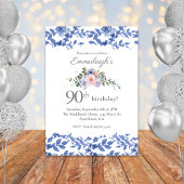 Blue White Floral Happy Birthday Kaart