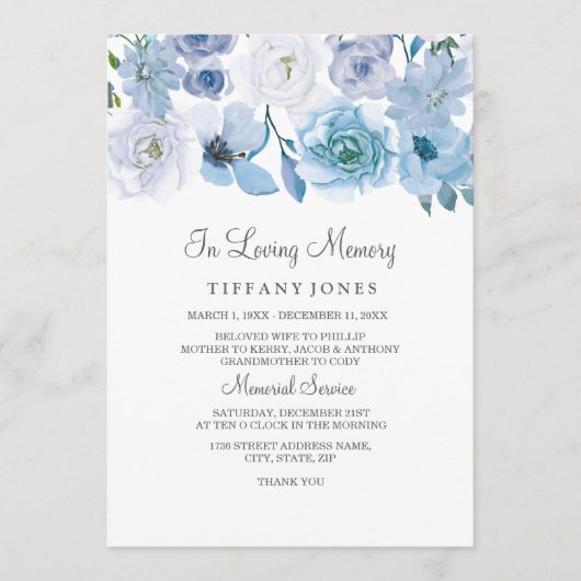 Blue White Floral in Loving Memory Service Invite Programma (Voorkant)