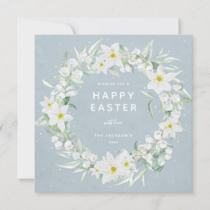 Blue + White Floral Wreath Happy Pâques Carte Plat
