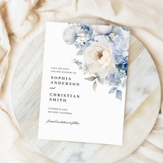 Blue & White Flowers Bruiloft Save The Date Kaart