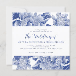 Blue White Flowers Chinoiserie Chic Square Wedding Kaart