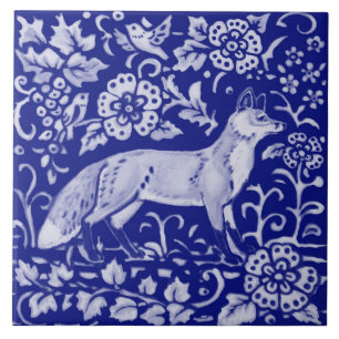 Blue White Fox Bird Woodland Farmhouse Rustic Art Tegeltje