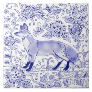Blue White Fox Bird Woodland Farmhouse Rustige Art Tegeltje