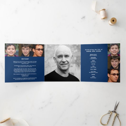 Blue White Funeral service mono aangepaste foto's Drieluik Programma (Binnen)