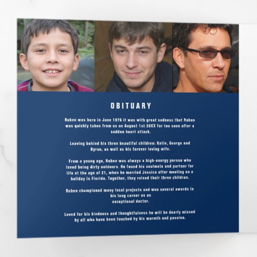 Blue White Funeral service mono aangepaste foto's Drieluik Programma (Binnenzijde eerst)