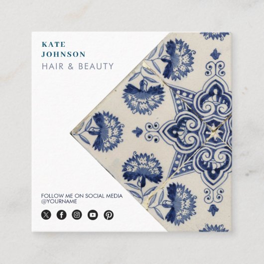  Blue White Geometric Flower QR Code Vierkante Visitekaartje (Voorkant)