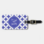 Blue White Geometric Pattern Custom Monogram Bagagelabel (Voorkant horizontaal)