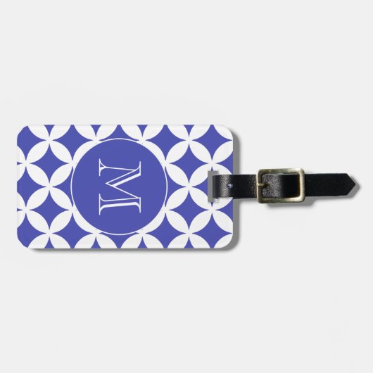 Blue White Geometric Pattern Custom Monogram Bagagelabel (Voorkant horizontaal)