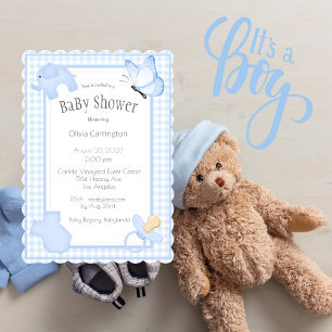 Blue White Gingham Boy Baby shower Invitation Kaart