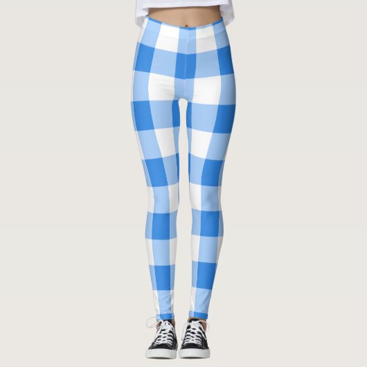 Blue & White Gingham Checkered Pattern Leggings (Voorkant)