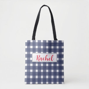 Blue White Gingham Personalized Draagtas