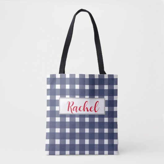 Blue White Gingham Personalized Draagtas (Voorkant)