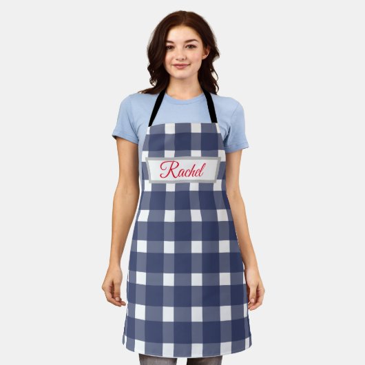 Blue White Gingham Personalized Schort (Gedragen)