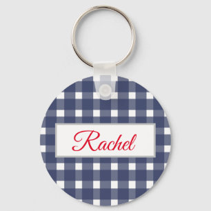 Blue White Gingham Personalized Sleutelhanger