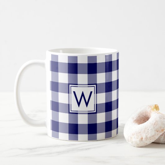 Blue White Gingham Pset Pattern met Monogram Koffiemok (Met donut)