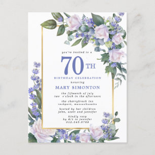 Blue White Gold Floral 70th Birthday Party Uitnodiging Briefkaart