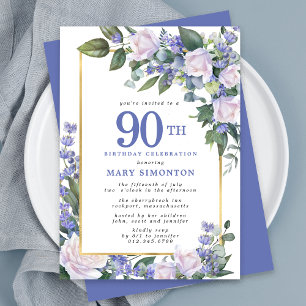 Blue White Gold Floral 90th Birthday Kaart