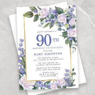 Blue White Gold Floral 90th Birthday Kaart
