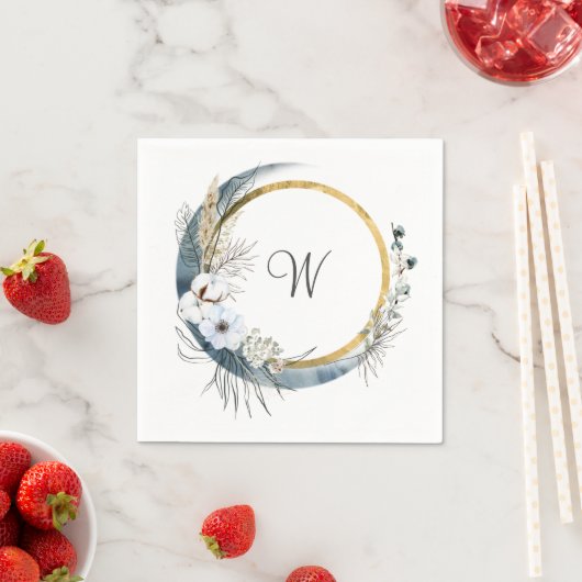 Blue White Gold Floral Monogram Boho Wedding Servet (Insitu)