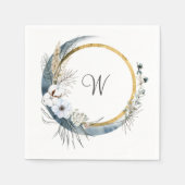 Blue White Gold Floral Monogram Boho Wedding Servet (Voorkant)