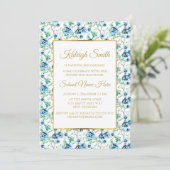 Blue White Gold Floral Trunk Party Invite Kaart (Staand voorkant)