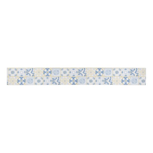 Blue White Gold Geometric Tile Chinoiserie Grosgrain Lint (Voorkant)