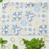 Blue White Gold Geometric Tile Chinoiserie Theedoek (Gevouwen)