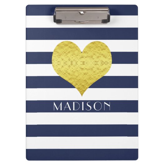 Blue White Gold Heart Pattern Jouw naam Klembord (Voorkant)