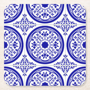 Blue White gothic Tile Pattern Vierkante Kartonnen Onderzetter