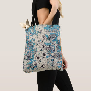 Blue White Graphic Flowers Patroon Draagtas