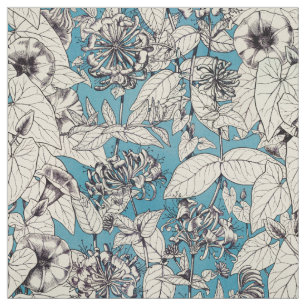 Blue White Graphic Flowers Patroon Stof