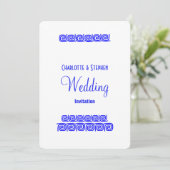 Blue White Greek Meander Key Personalized Weddensc Kaart (Staand voorkant)