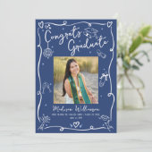 Blue White Hand Drawn Doodles Graduation 4 Photo Aankondiging (Staand voorkant)