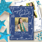 Blue White Hand Drawn Doodles Graduation 4 Photo Aankondiging