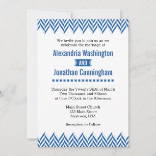 Blue White Herringbone Wedding Invitation Kaart