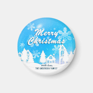 Blue White House Snowflakes Xmas Happy Nieuwjaar Magneet