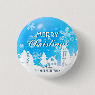 Blue White House Snowflakes Xmas Happy Nieuwjaar Ronde Button 3,2 Cm