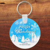 Blue White House Snowflakes Xmas Happy Nieuwjaar Sleutelhanger (Voorkant)