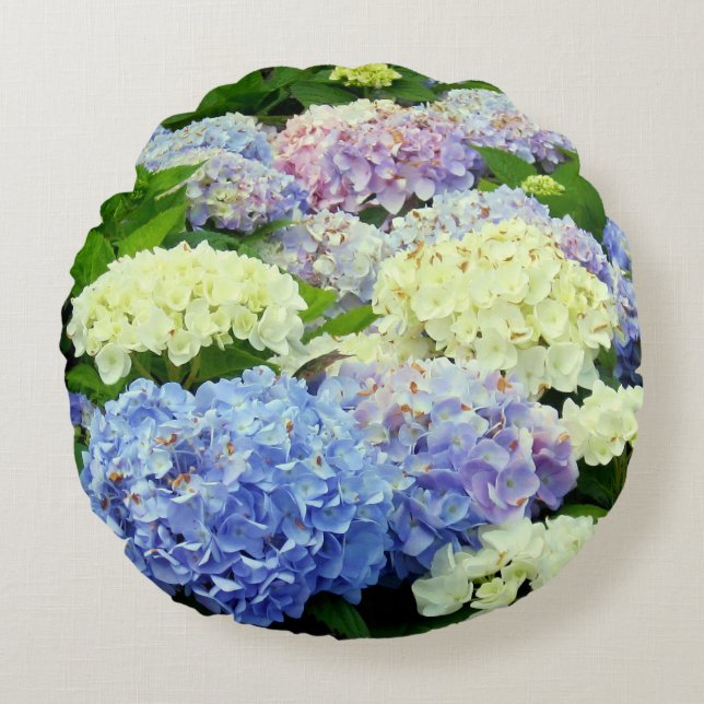 Blue-White-Hydrangea Flowers-ROUND PILLOW Rond Kussen (Voorkant)