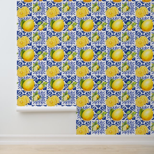 Blue White Lemon Pattern Mediterranean Citrus Behang (Applicatie)