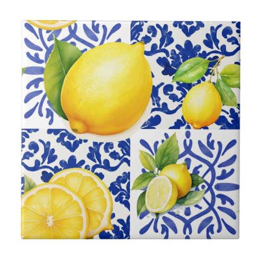 Blue White Lemon Pattern Mediterranean Citrus Tegeltje (Voorkant)