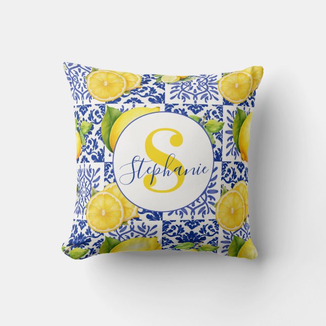 Blue White Lemon Tile Pattern Citrus Monogram Name Kussen (Voorkant)