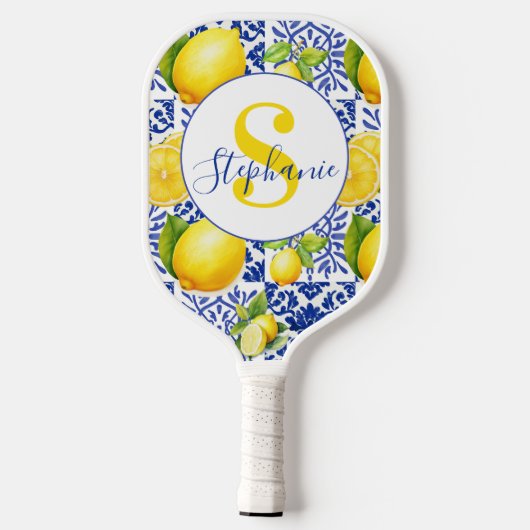 Blue White Lemon Tile Pattern Citrus Monogram Name Pickleball Paddle (Achterkant)
