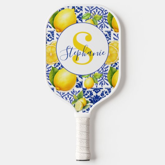 Blue White Lemon Tile Pattern Citrus Monogram Name Pickleball Paddle (Voorkant)