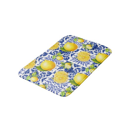 Blue White Lemon Tile Pattern Mediterranean Citrus Badmat (Gekanteld)