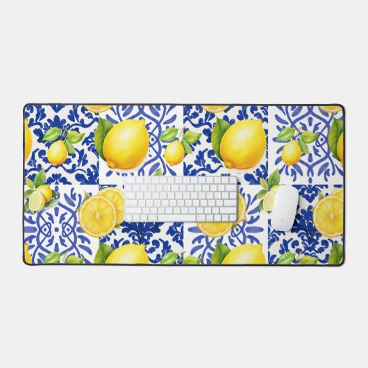 Blue White Lemon Tile Pattern Mediterranean Citrus Bureaumat (Keyboard & Muis)