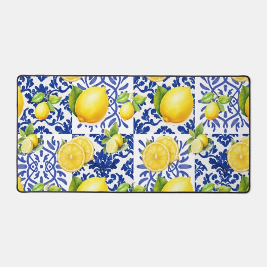 Blue White Lemon Tile Pattern Mediterranean Citrus Bureaumat (Voorkant)