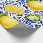 Blue White Lemon Tile Pattern Mediterranean Citrus Cadeaupapier (Hoek)
