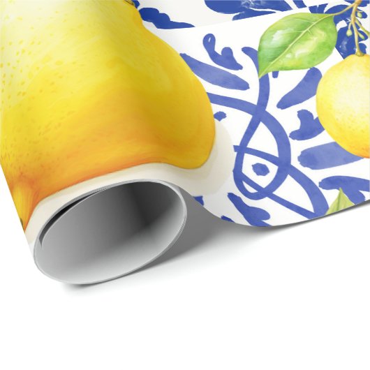 Blue White Lemon Tile Pattern Mediterranean Citrus Cadeaupapier (Rol Hoek)