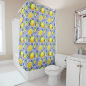 Blue White Lemon Tile Pattern Mediterranean Citrus Douchegordijn (In situ)